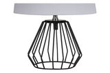 Moderne Tischlampe mit schwarzem Metallgestell und weißem Stoffschirm für stilvolle Beleuchtung.