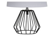 Lampe de table moderne avec structure en métal noir et abat-jour en tissu blanc pour un éclairage élégant.
