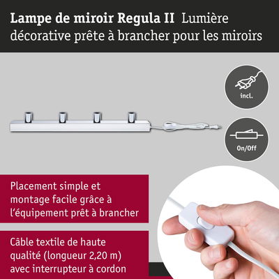 Lampe de miroir Regula II blanche avec câble textile et interrupteur, installation facile, éclairage décoratif