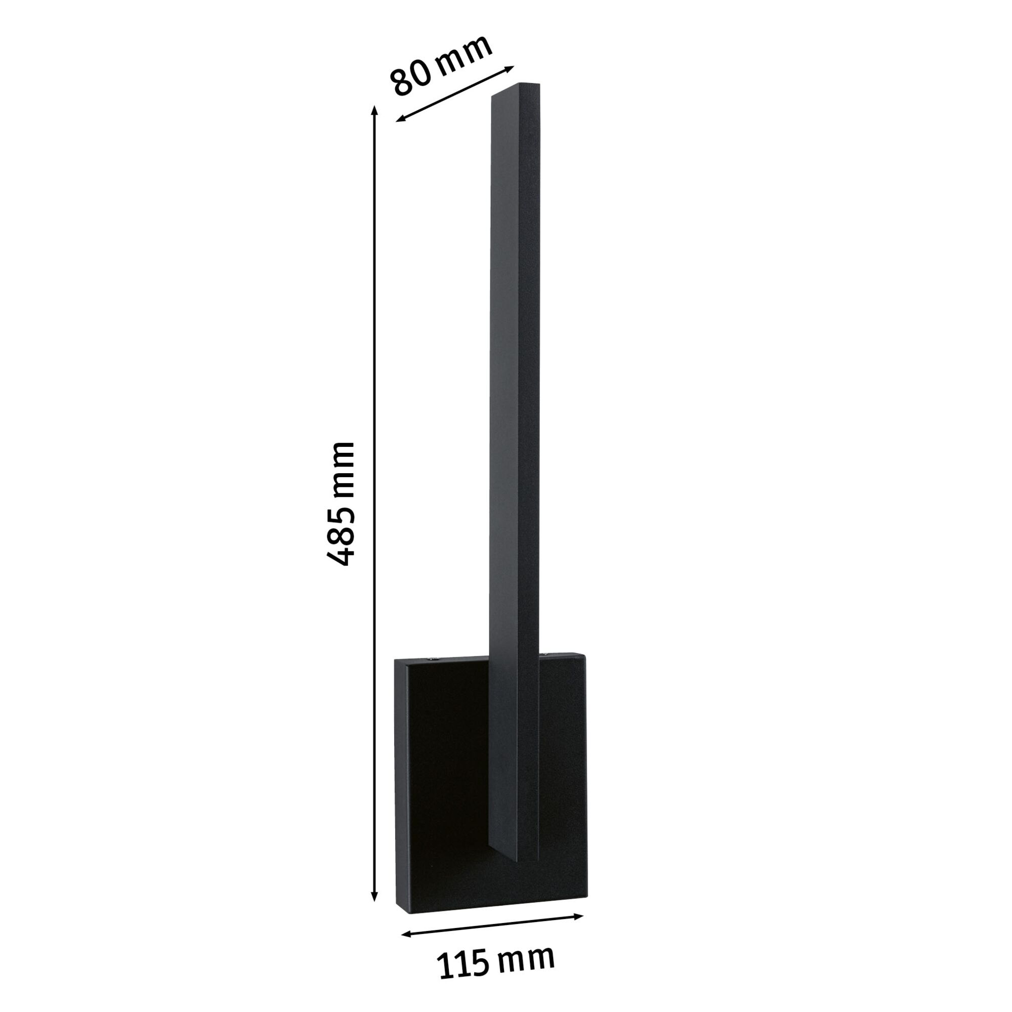 Schwarze LED-Wandleuchte aus Metall mit schlankem Design und Maßen 485x115x80 mm für moderne Beleuchtung