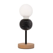 Modern table lamp with black marble sphere and wooden base, LED light for living spaces