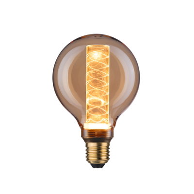 Round LED bulb with amber glass and decorative spiral pattern for ambient lighting and energy saving
