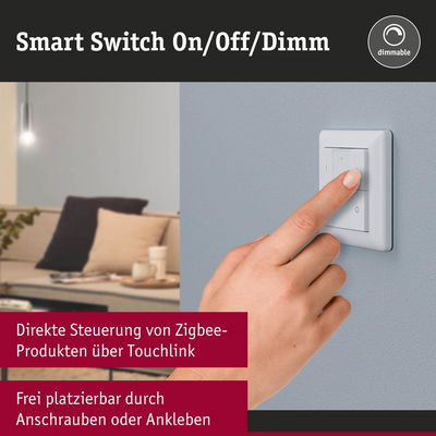 Weißer Smart Switch an grauer Wand mit Fingerdruck, dimmbarer Lichtschalter für Zigbee-Produkte