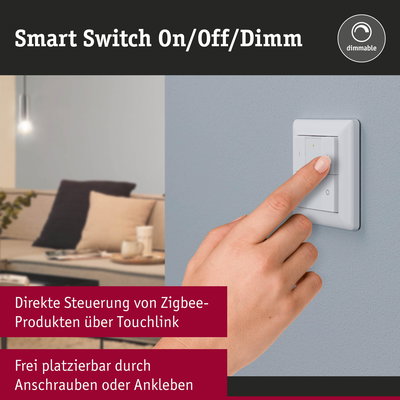 Weißer Smart Switch an grauer Wand mit Fingerdruck, dimmbarer Lichtschalter für Zigbee-Produkte