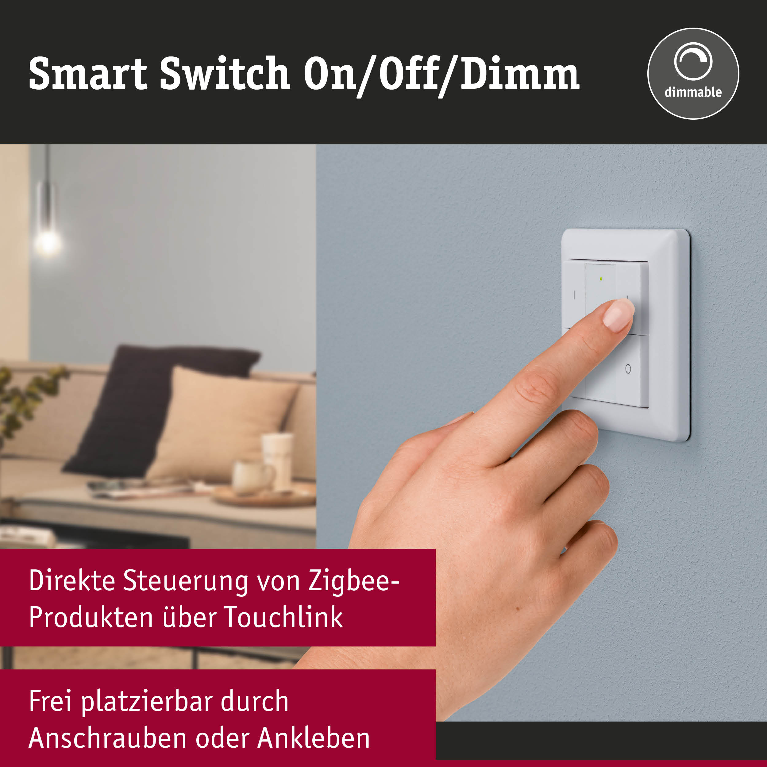 Weißer Smart Switch an Wand mit Fingerdruck, dimmbar, Steuerung für Zigbee-Produkte