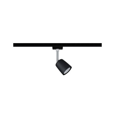 Schwarzer LED-Spot aus Metall an Schienensystem für flexible Raumbeleuchtung
