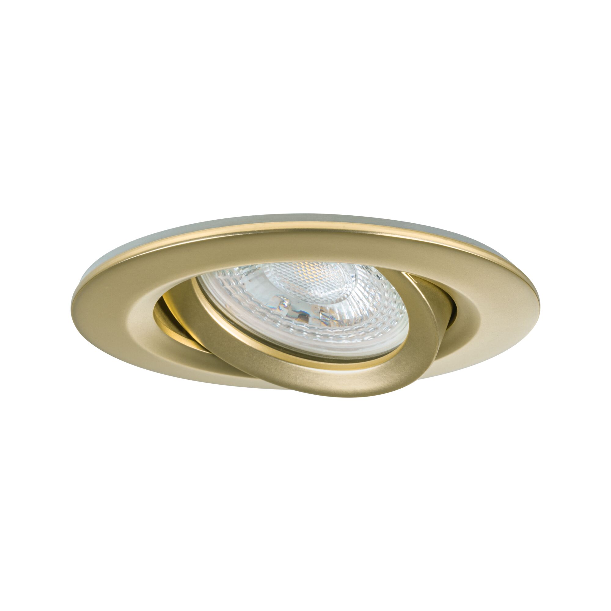 Round recessed spotlight in gold metal with adjustable lamp for accent lighting in interiors
