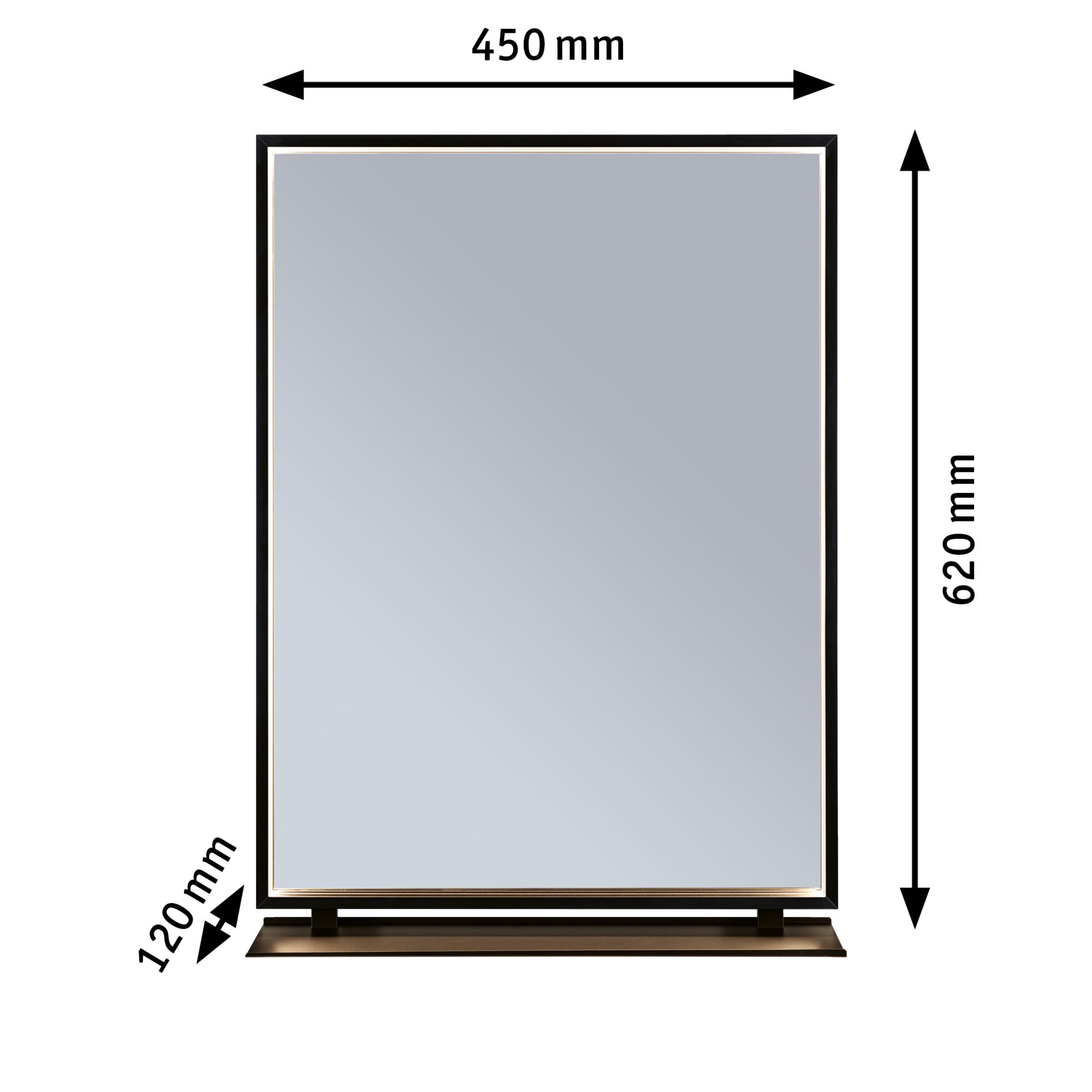 Rectangular mirror with black metal frame and shelf, dimensions 450x620x120 mm, home decor mirror