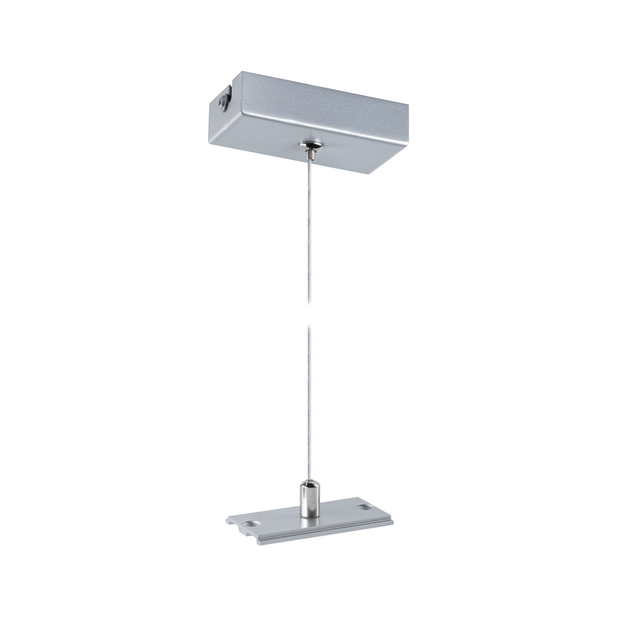 Zilverkleurige metalen ophangrail met stalen kabel voor plafondmontage van lampen