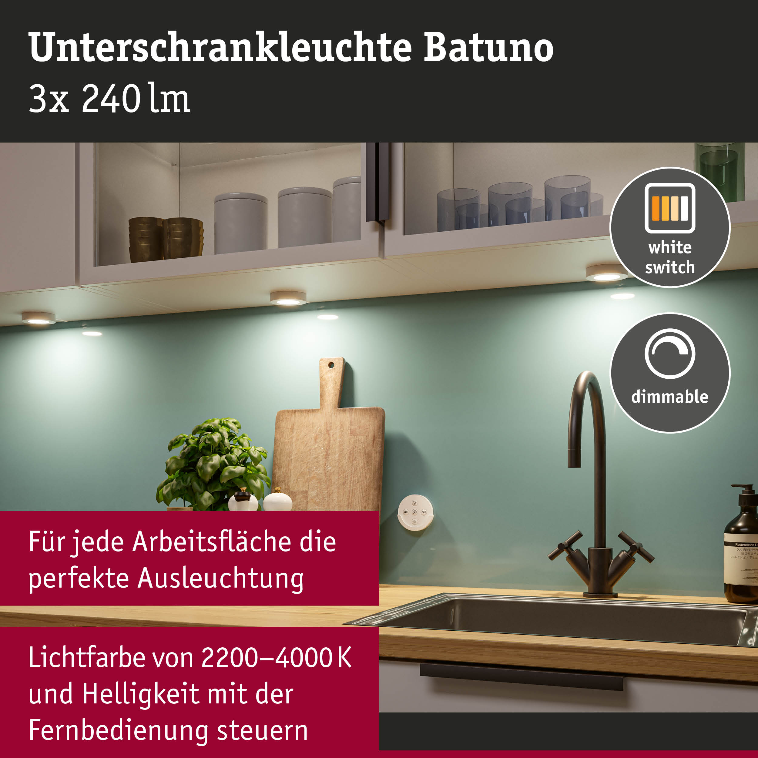 Unterschrankleuchte Batuno mit 3x 240 lm, dimmbar und weiß schaltbar, Küchenbeleuchtung unter Hängeschrank
