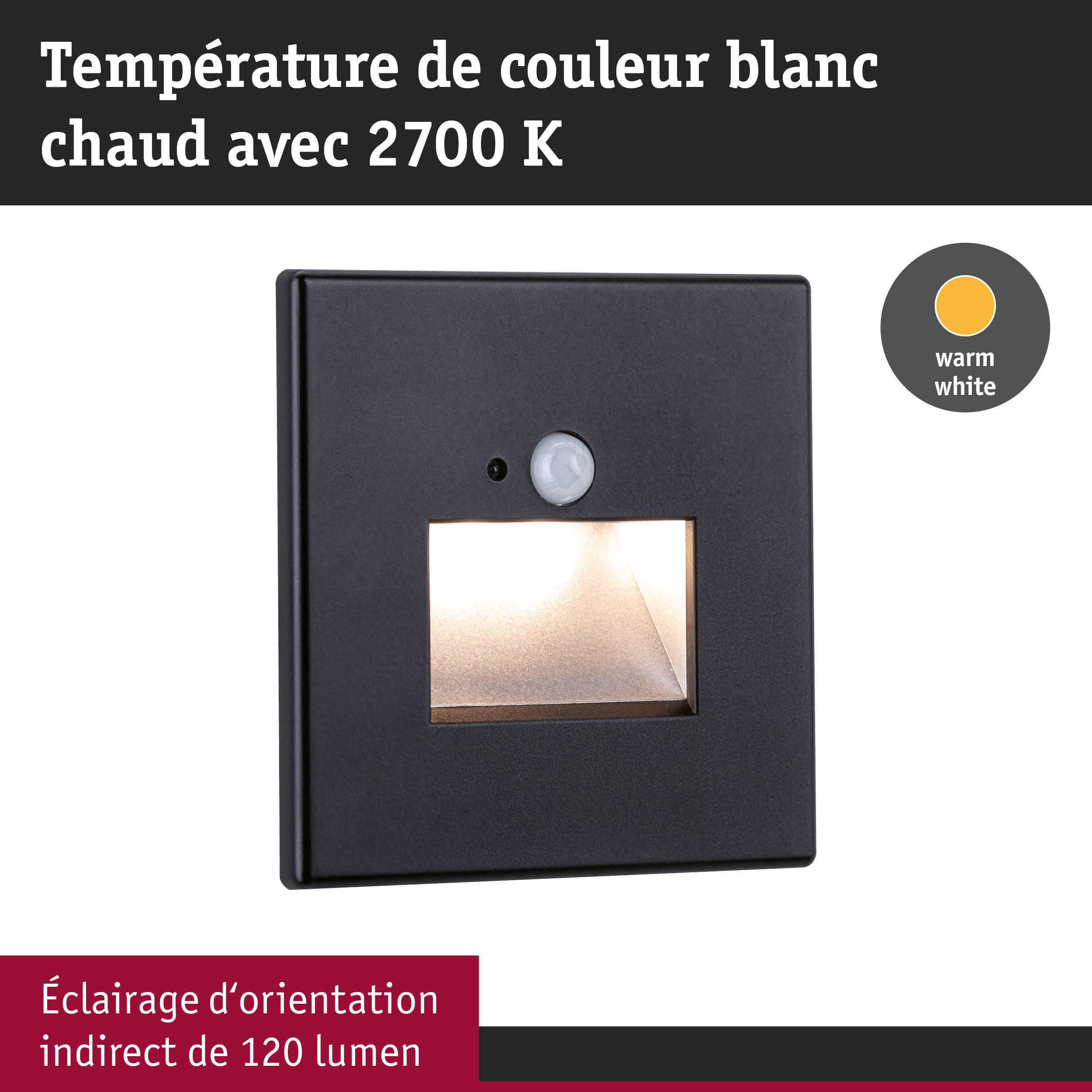 Applique murale LED noire avec lumière blanc chaud 2700K et 120 lumens pour éclairage indirect