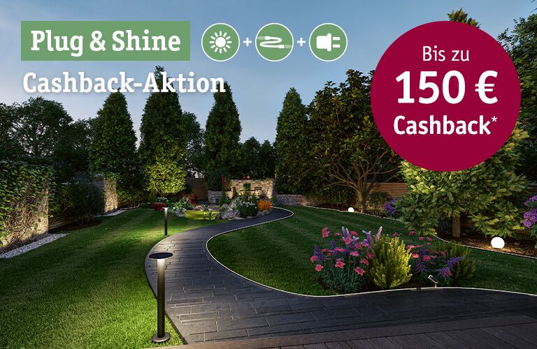 Gartenweg mit moderner Plug & Shine Außenbeleuchtung und Cashback-Aktion bis 150 Euro