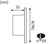 Technische Zeichnung mit Maßen 78x78 mm und 35 mm Tiefe für runde Leuchte mit 60 mm Durchmesser.