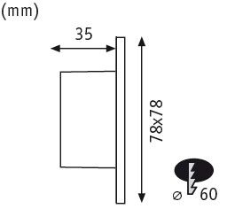 Technische Zeichnung mit Maßen 78x78 mm und 35 mm Tiefe für runde Leuchte mit 60 mm Durchmesser.