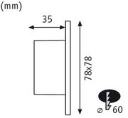 Technische Zeichnung mit Maßen 78x78 mm und 35 mm Tiefe für runde Leuchte mit 60 mm Durchmesser.