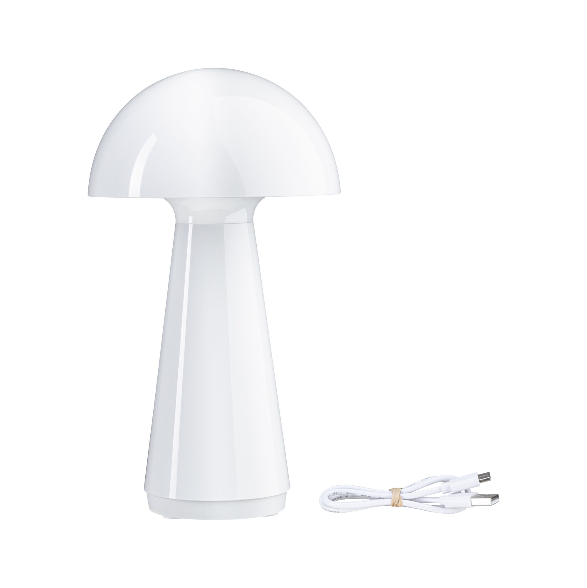 Weiße Tischlampe aus Kunststoff mit Pilzform und USB-Ladekabel für moderne LED-Beleuchtung