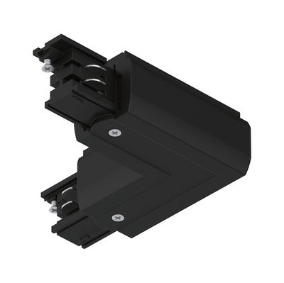 Black plastic corner connector for track lighting system with screw fasteners