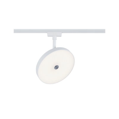 Round white LED track light with matte diffuser and metal accent for modern indoor lighting