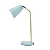 Moderne bureaulamp met lichtblauwe metalen kap en goudkleurige standaard voor kantoorverlichting