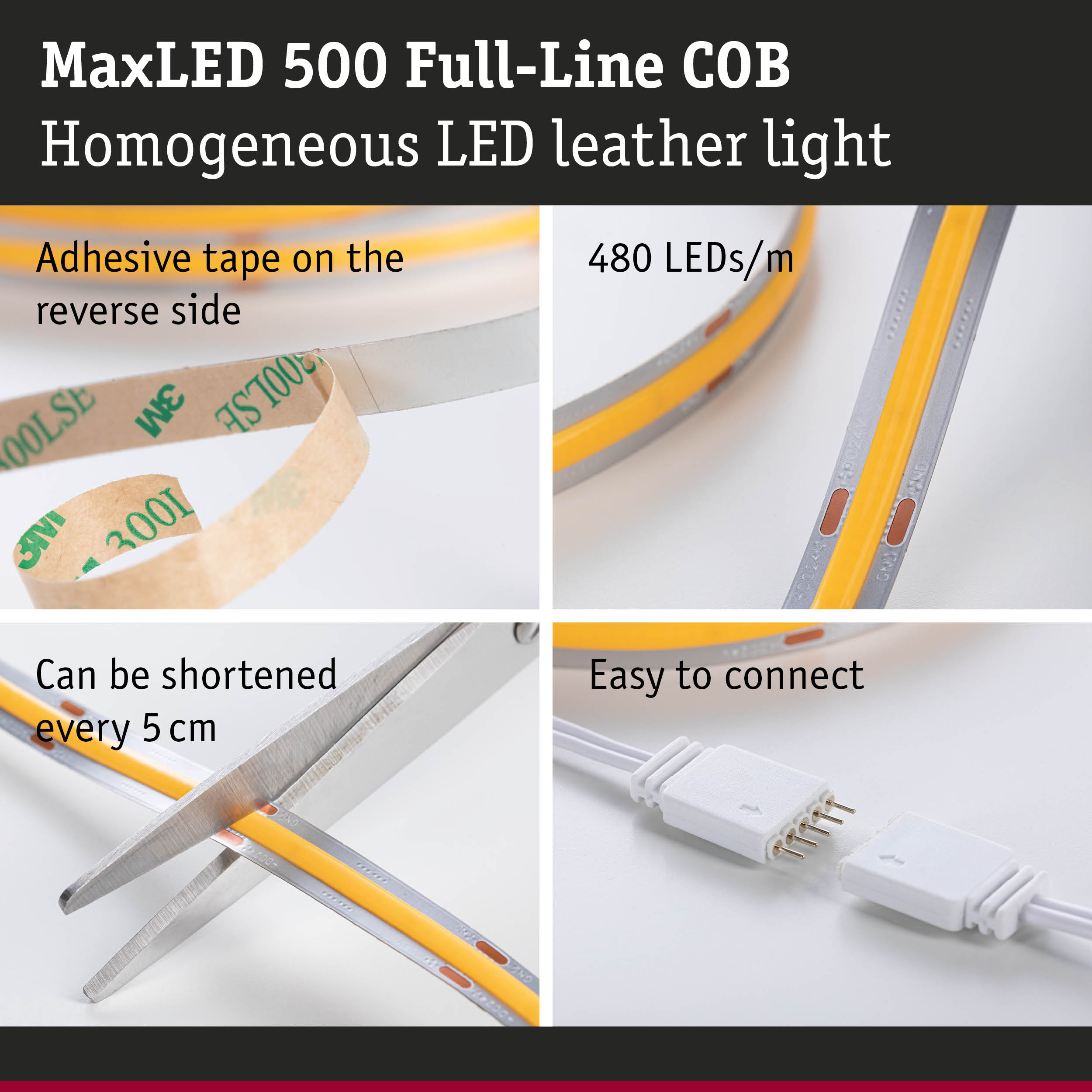 MaxLED 500 COB LED strip with adhesive tape, yellow, 480 LEDs/m, cuttable and easy to connect