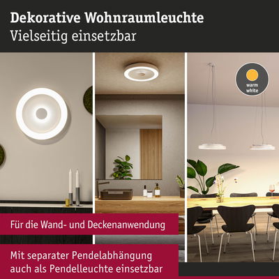 Dekorative weiße Wohnraumleuchte mit warmweißem LED-Ring, vielseitig für Wand- und Deckenmontage.