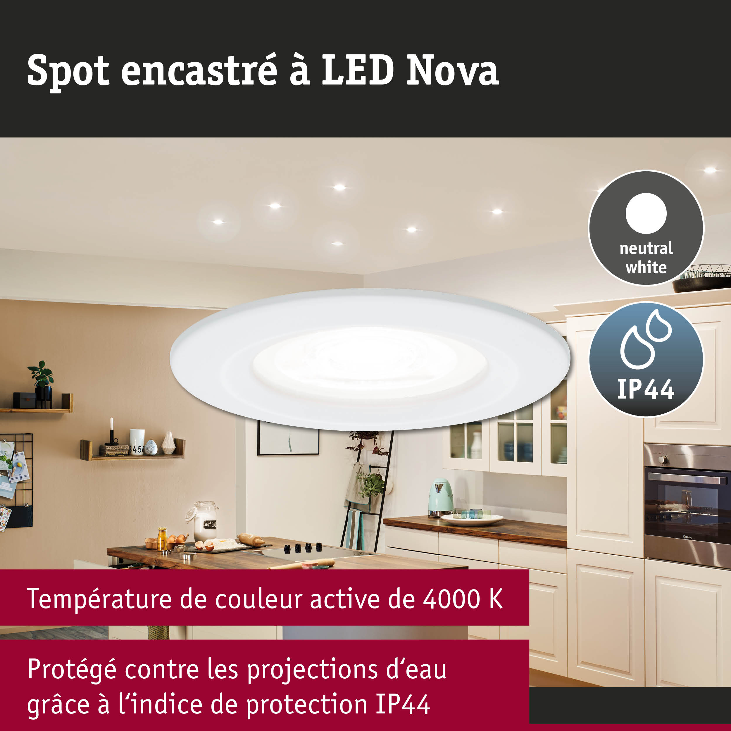 Spot encastré LED Nova blanc avec lumière blanc neutre et indice de protection IP44 contre l'eau