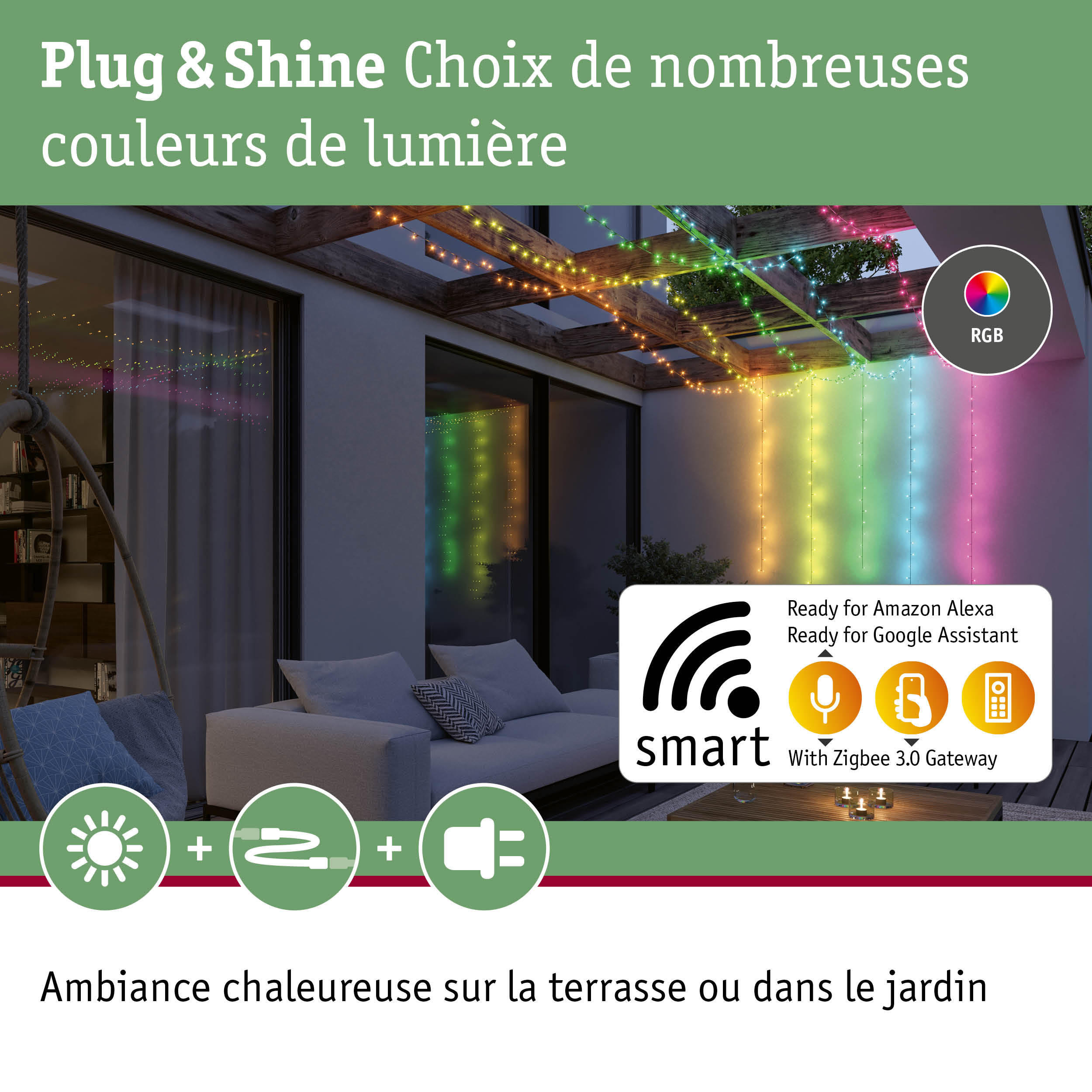 Guirlande lumineuse RGB sur pergola en bois pour terrasse avec contrôle intelligent Zigbee