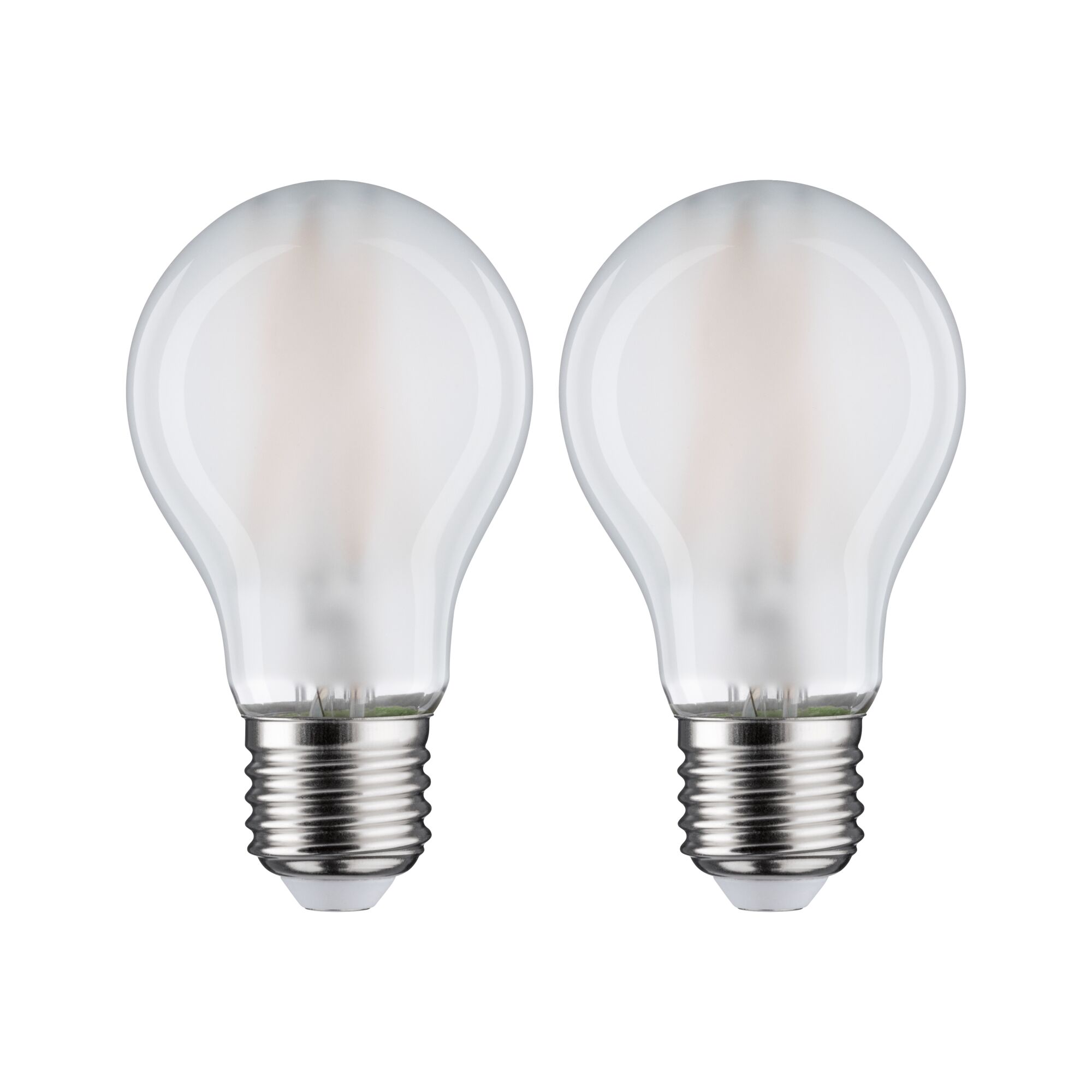 Zwei matte LED-Glühbirnen mit E27-Fassung in transparentem Glas für energiesparende Beleuchtung