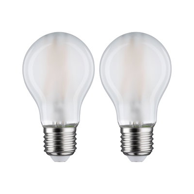 Zwei matte LED-Glühbirnen mit E27-Fassung in transparentem Glas für energiesparende Beleuchtung