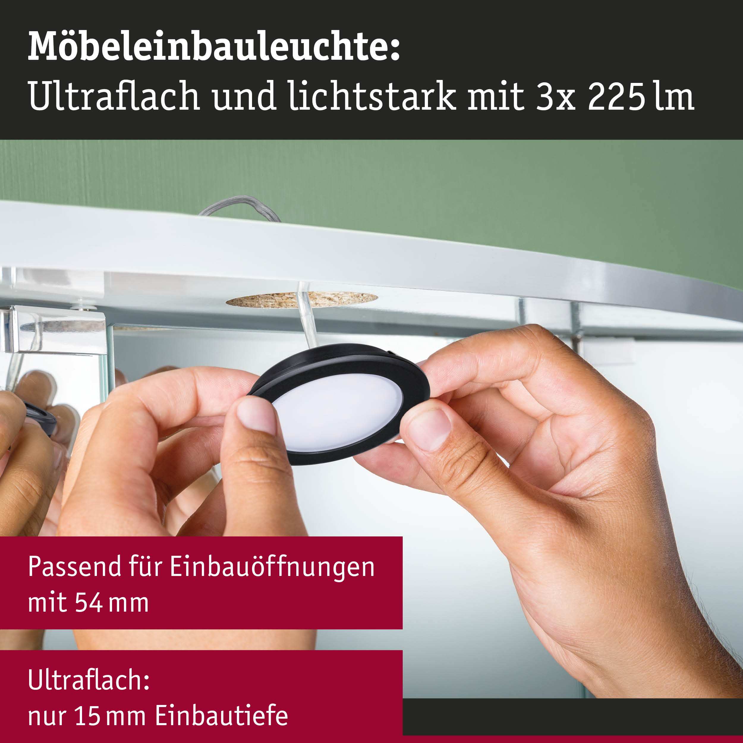 Ultraflache Möbel-Einbauleuchte in Schwarz und Weiß mit 225 Lumen für 54 mm Öffnungen