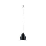 Black metal pendant lamp with conical shade and long cable for modern interior lighting