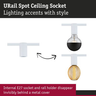 White URail spot ceiling socket with hidden E27 socket and metal cover for stylish lighting accents