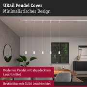 Minimalistisches weißes URail Pendel Cover mit abgedecktem Leuchtmittel und GU10 Fassung im Esszimmer