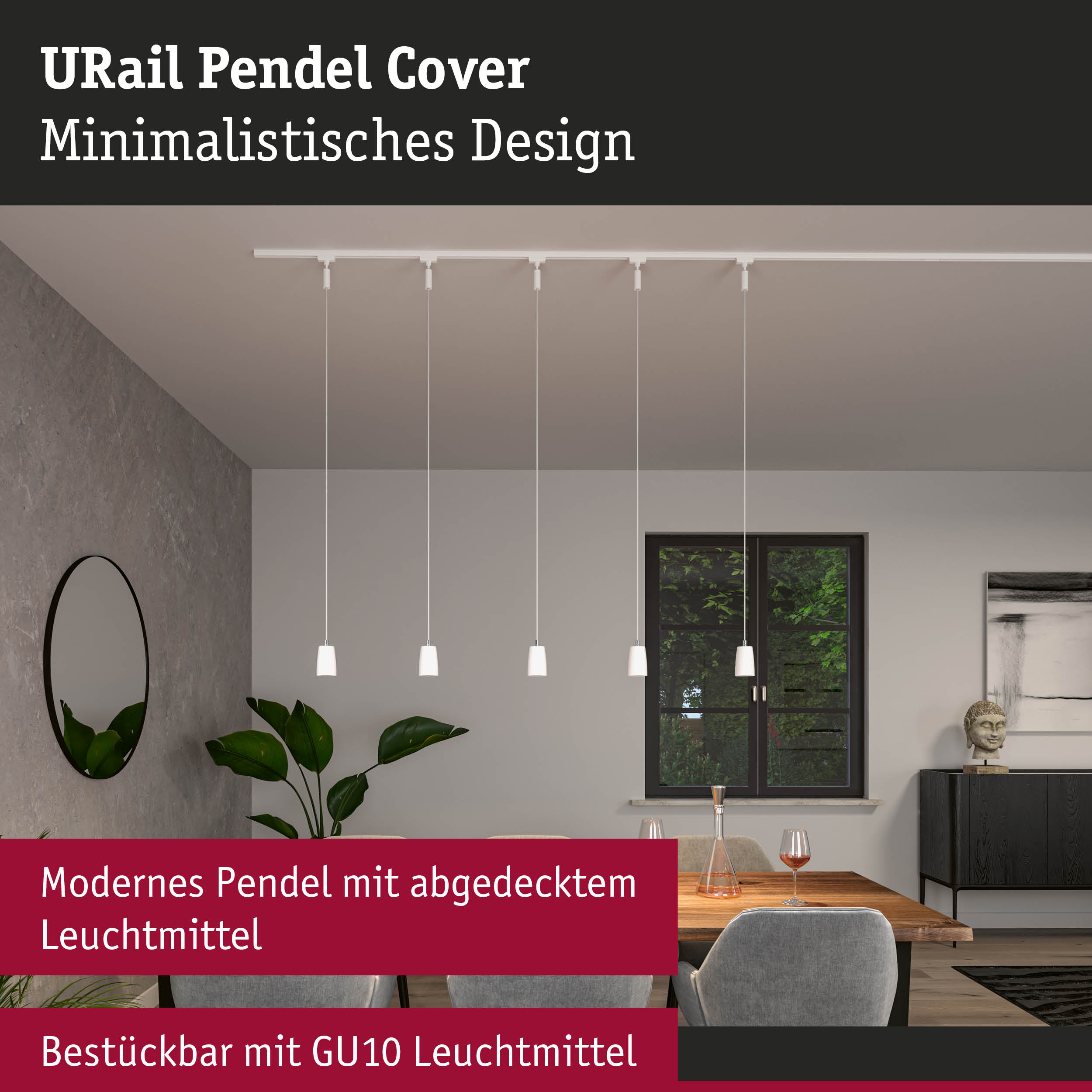 Minimalistisches weißes URail Pendel Cover mit abgedecktem Leuchtmittel und GU10 Fassung im Esszimmer