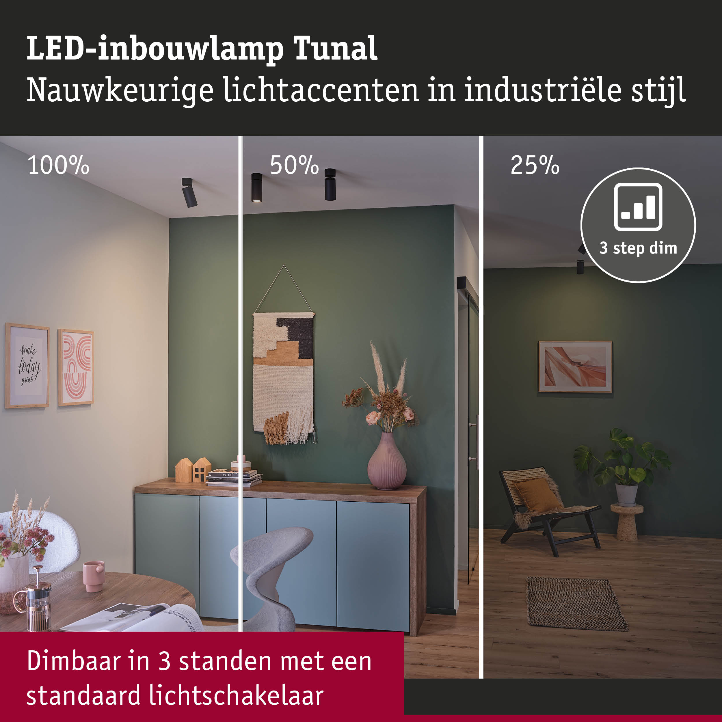 Zwarte LED-inbouwlamp Tunal met dimbare lichtaccenten in industriële stijl