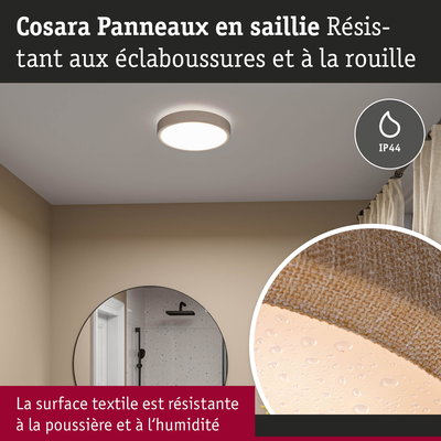 Plafonnier rond avec surface textile beige, résistant à la poussière et à l'humidité, indice IP44