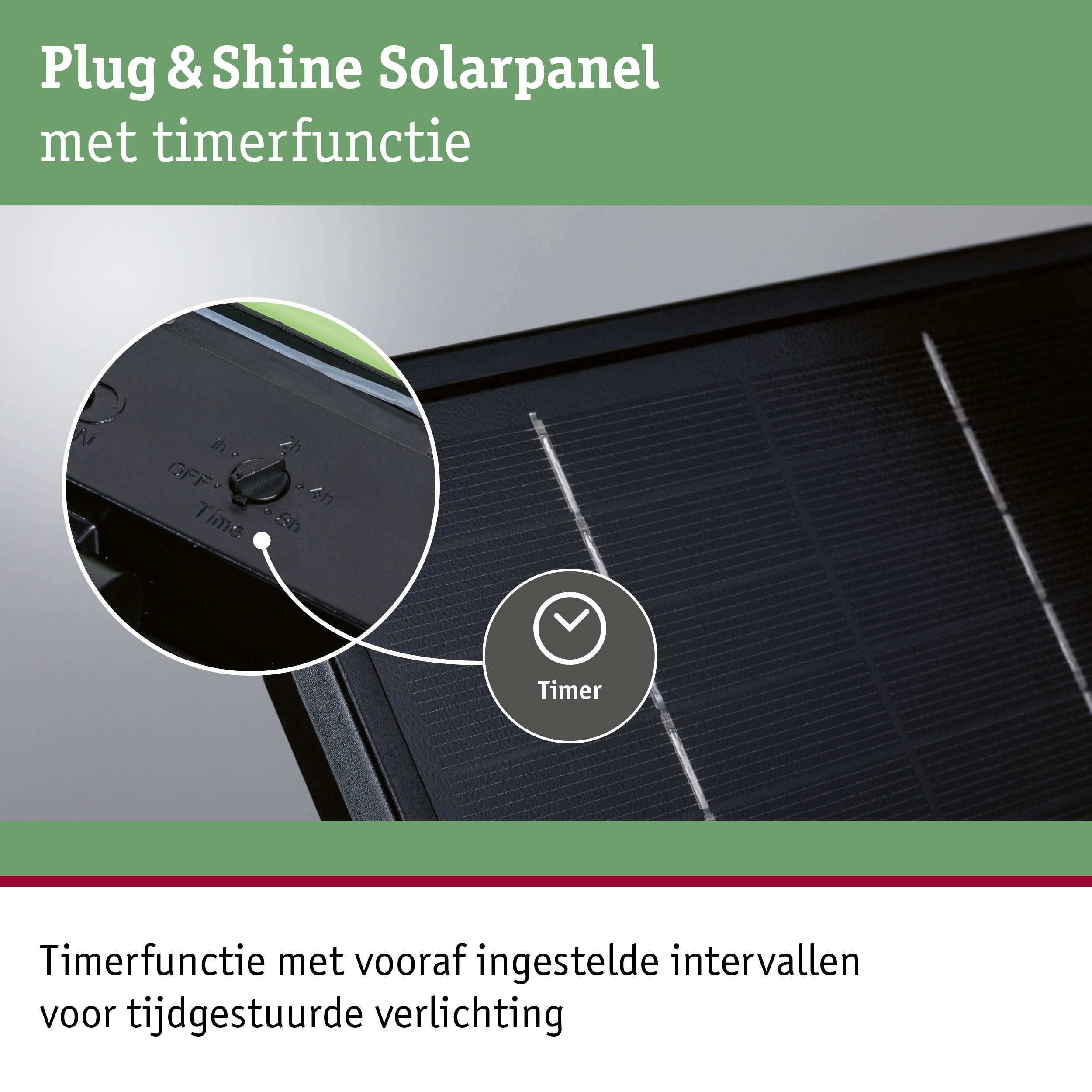 Zwart Plug & Shine zonnepaneel met timerfunctie voor tijdgestuurde buitenverlichting