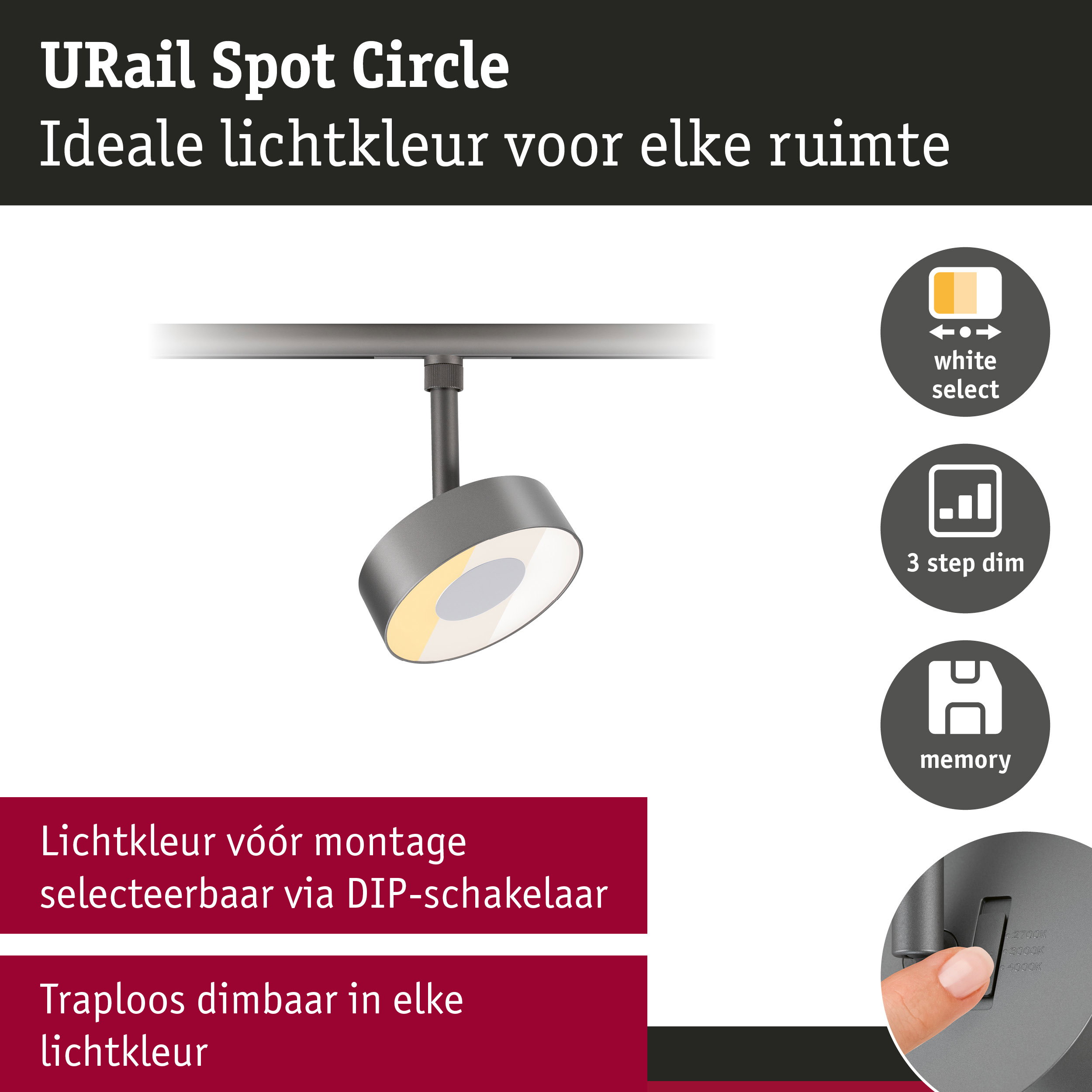 URail Railspot 3-Step-Dim Circle 220lm 3W White Select dimbaar 230V Titaanium