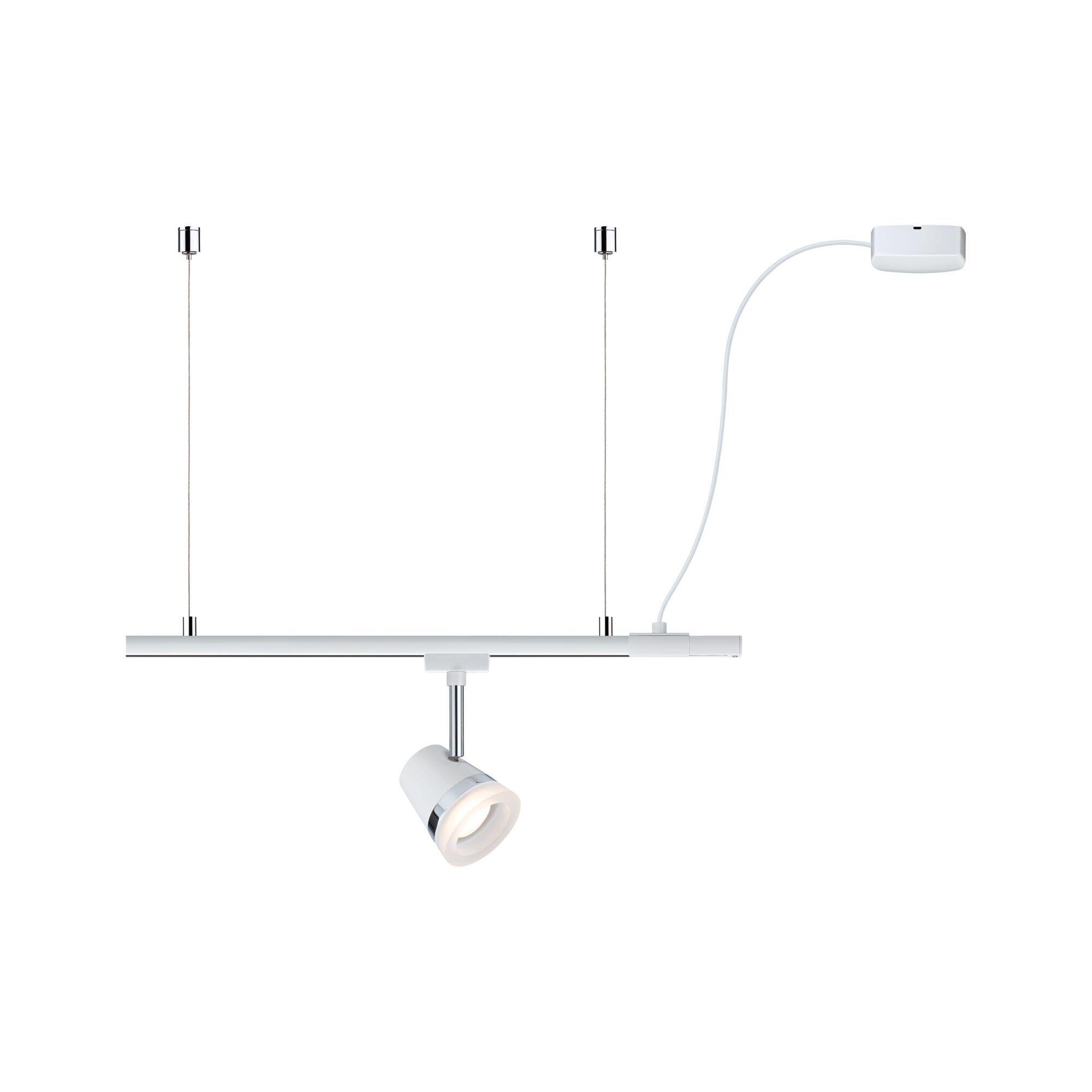 White LED track light with adjustable spotlight and chrome accents for modern interior lighting