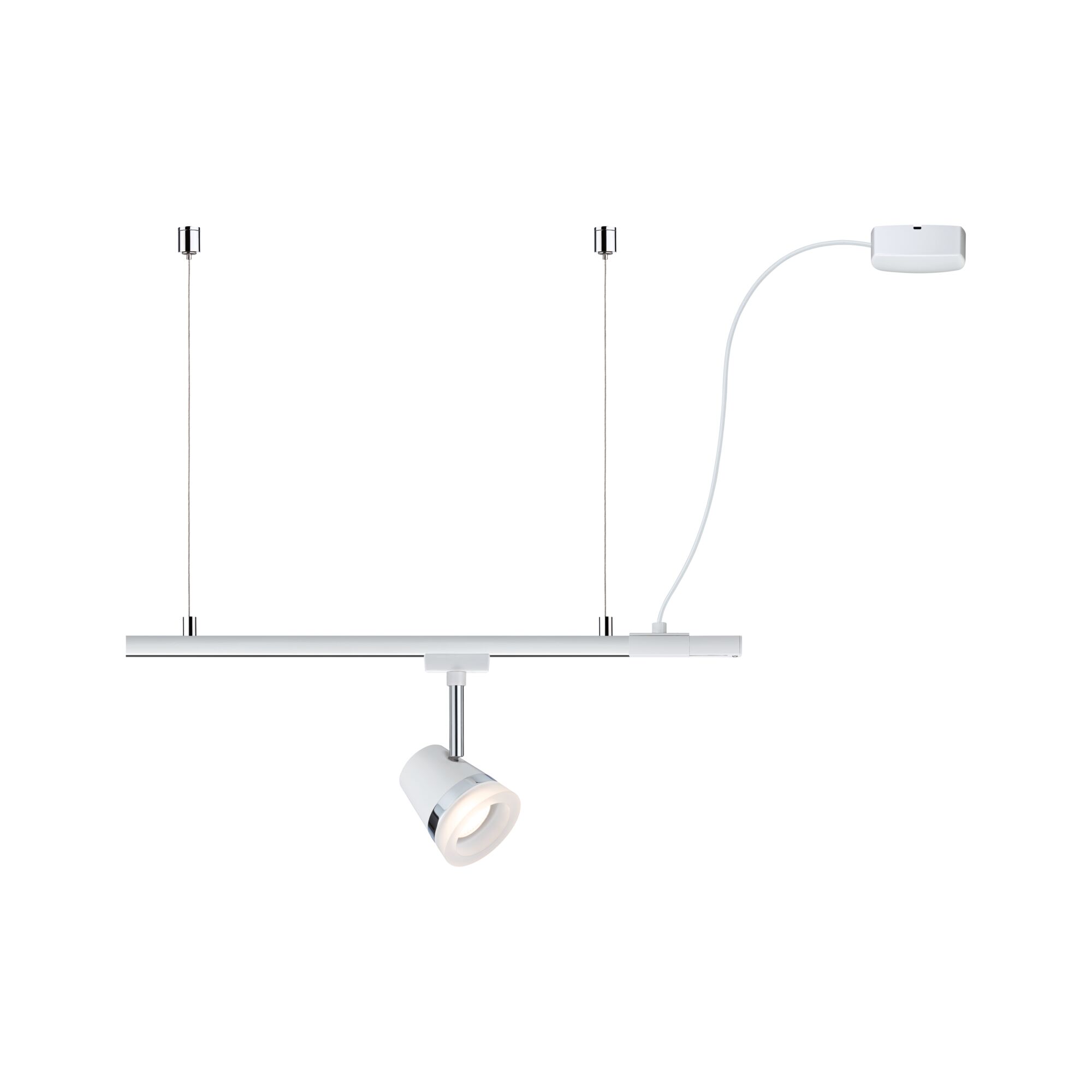 Witte LED-rails met verstelbare spot en chromen accenten voor moderne binnenverlichting