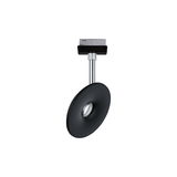 Black LED ceiling spotlight with round lens and chrome rod for modern indoor lighting