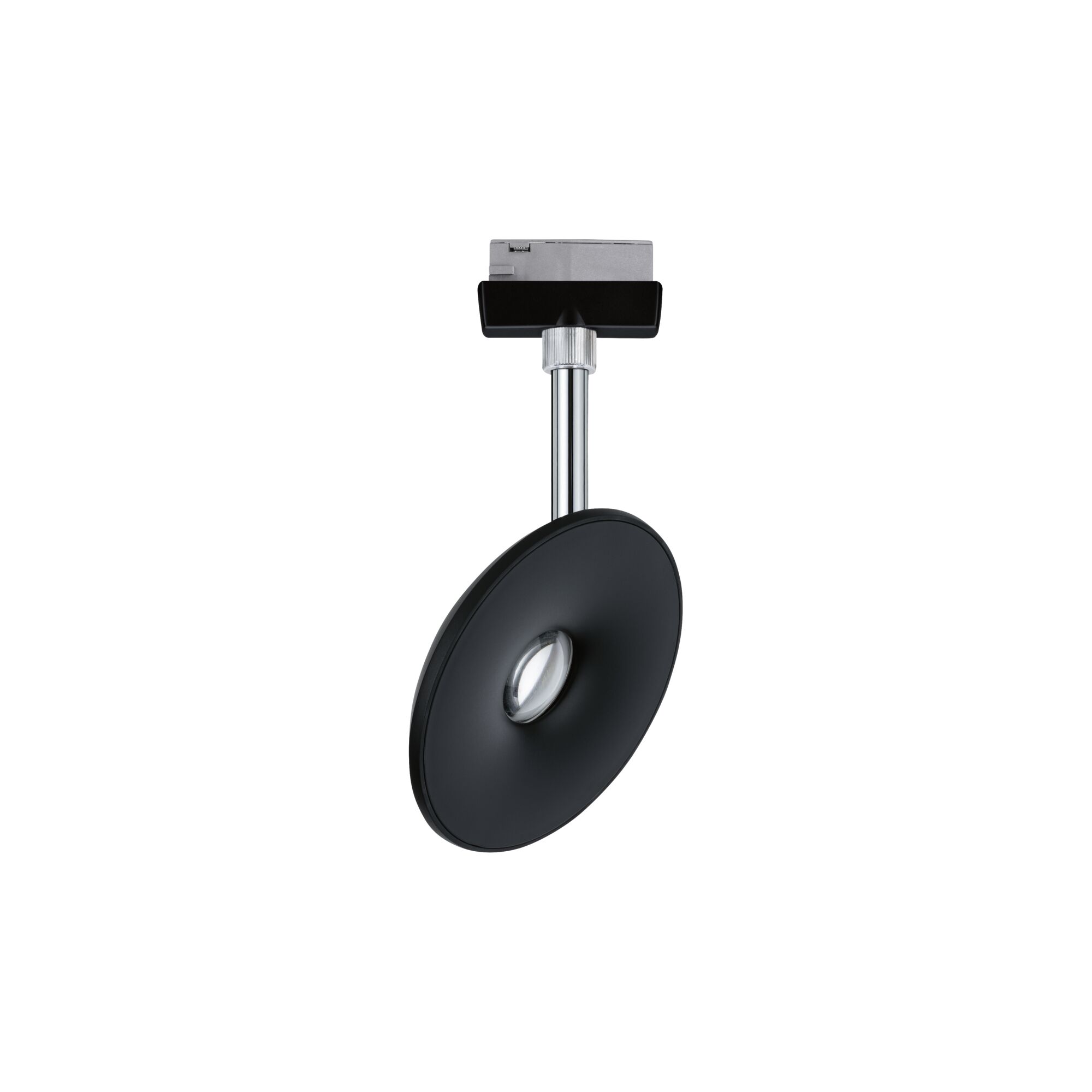 Black LED spotlight with round lens and chrome rod for modern indoor lighting solutions