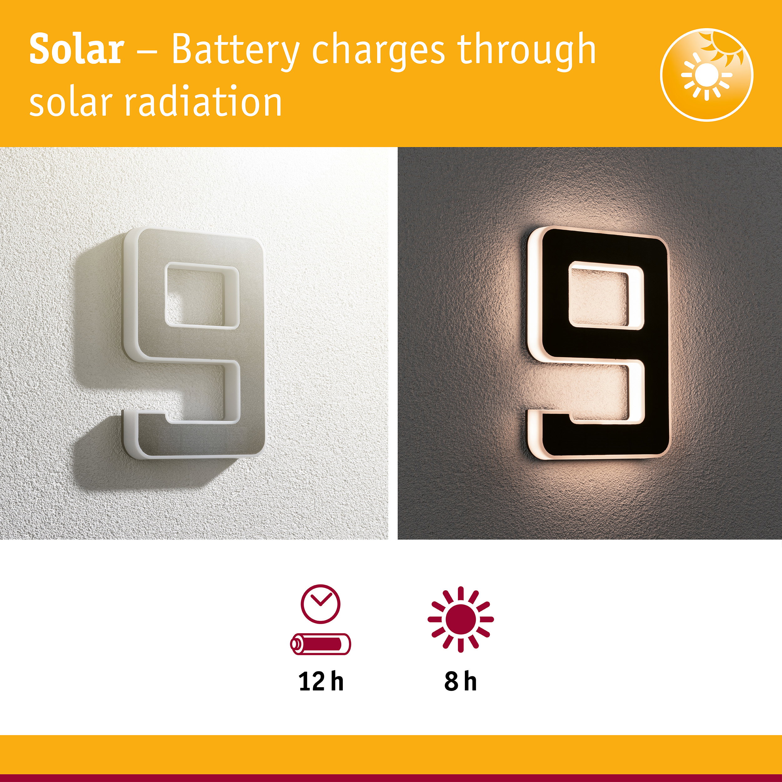 Solar LED wall light in white and black with 12h battery life and 8h solar charging