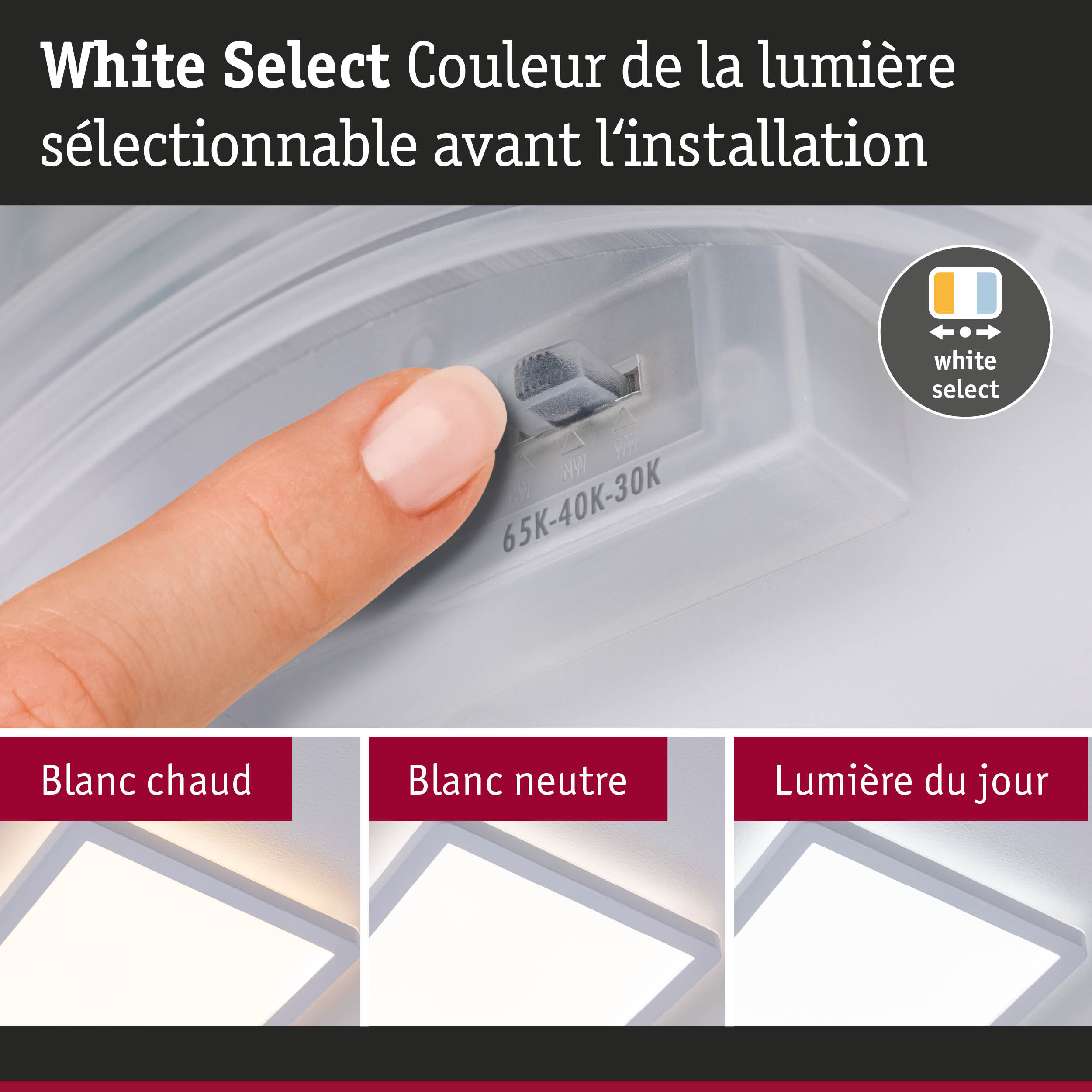 Doigt réglant la couleur de la lumière sur un interrupteur blanc avec trois modes LED