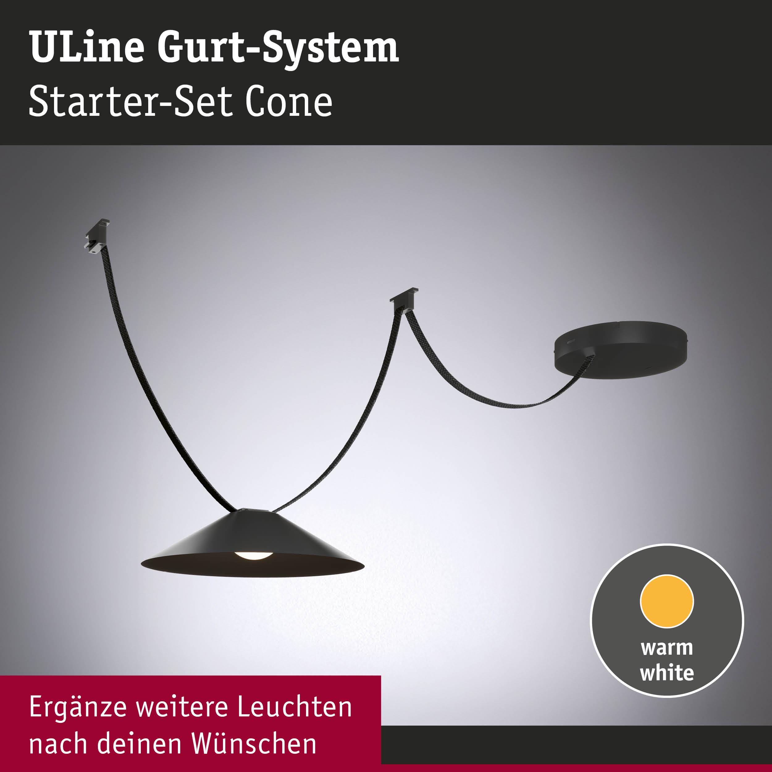Schwarzes ULine Gurt-System Starter-Set Cone mit warmweißem Licht und verstellbarem Kabel für flexible Beleuchtung
