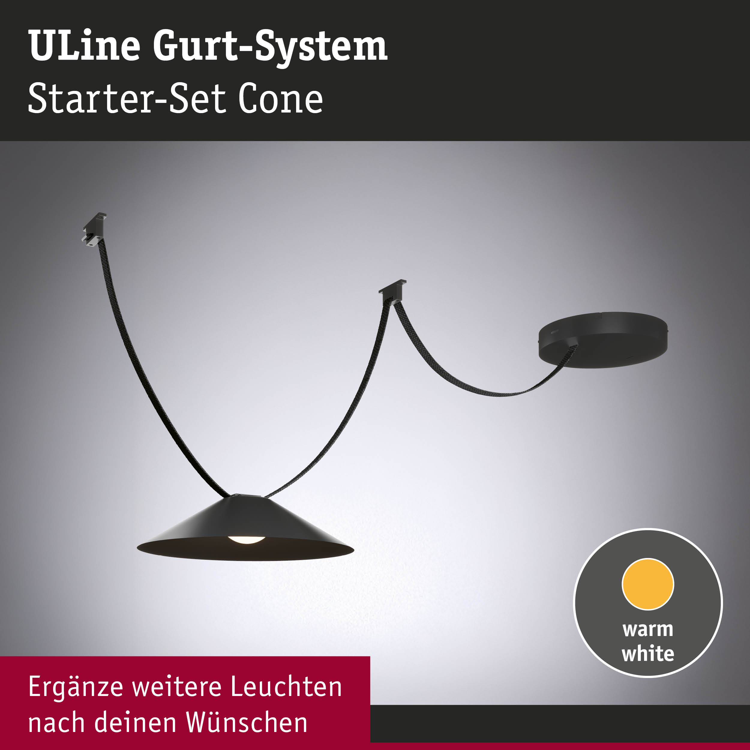 Schwarzes ULine Gurt-System Starter-Set Cone mit warmweißem Licht und flexiblen Kabeln für Beleuchtung
