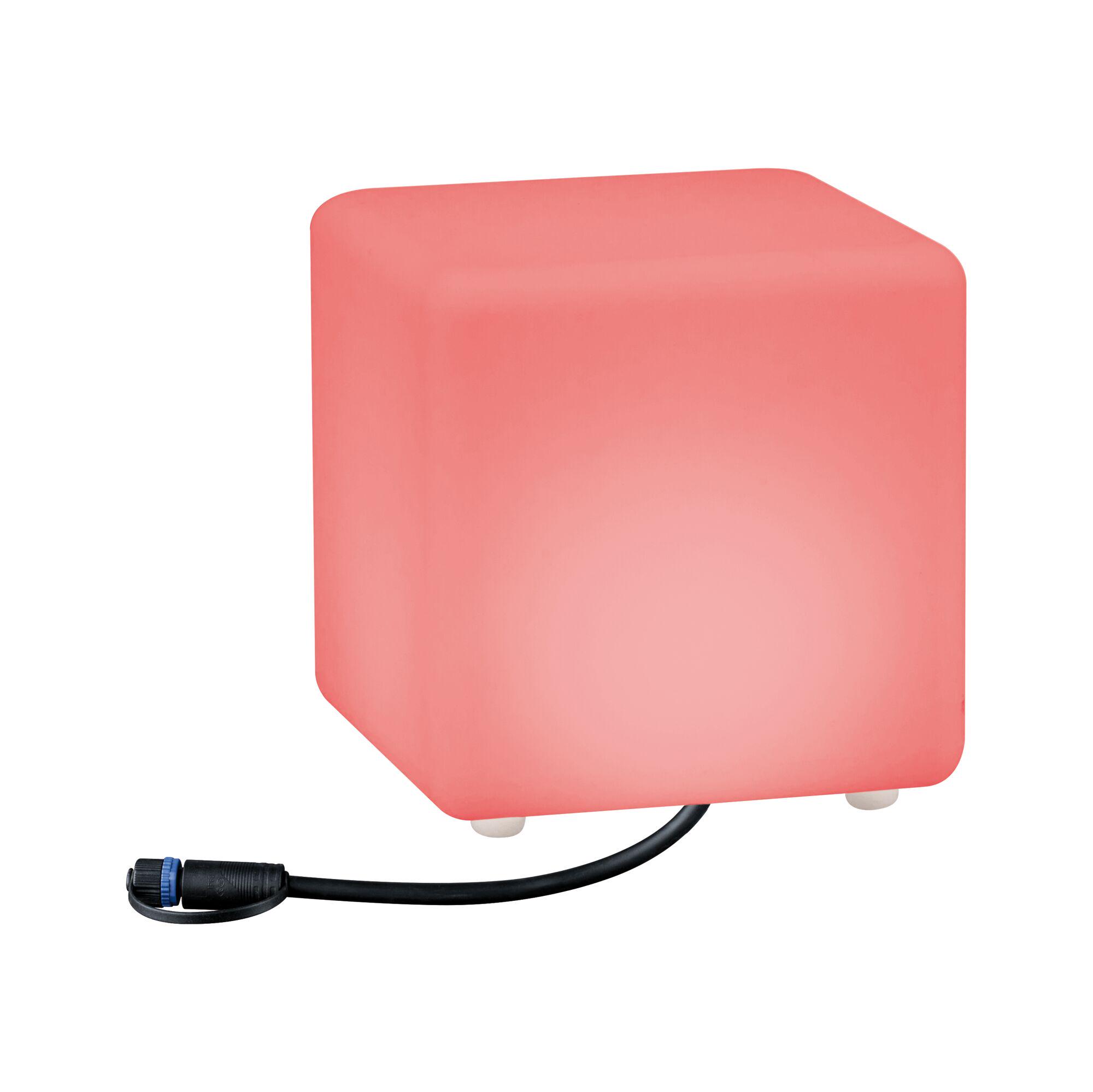 Pink illuminated plastic cube with cable connection for decorative LED lighting use