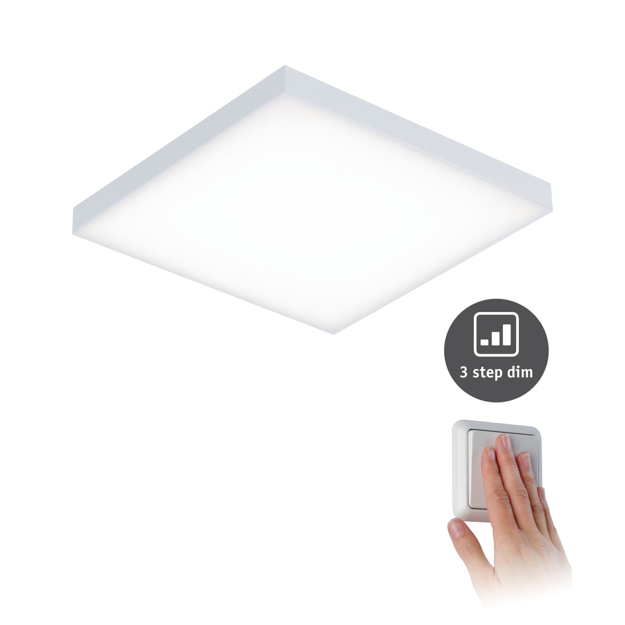 White square LED ceiling panel with 3-step dimming and wall switch for modern home lighting