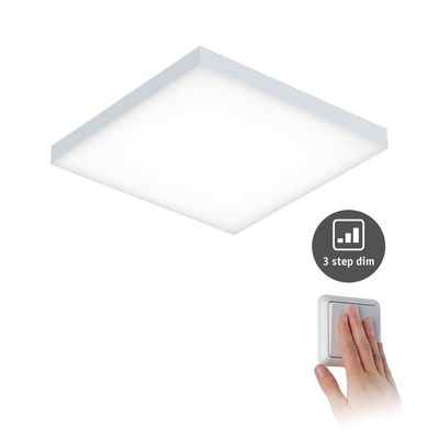 White square LED ceiling panel with 3-step dimming and wall switch for modern home lighting