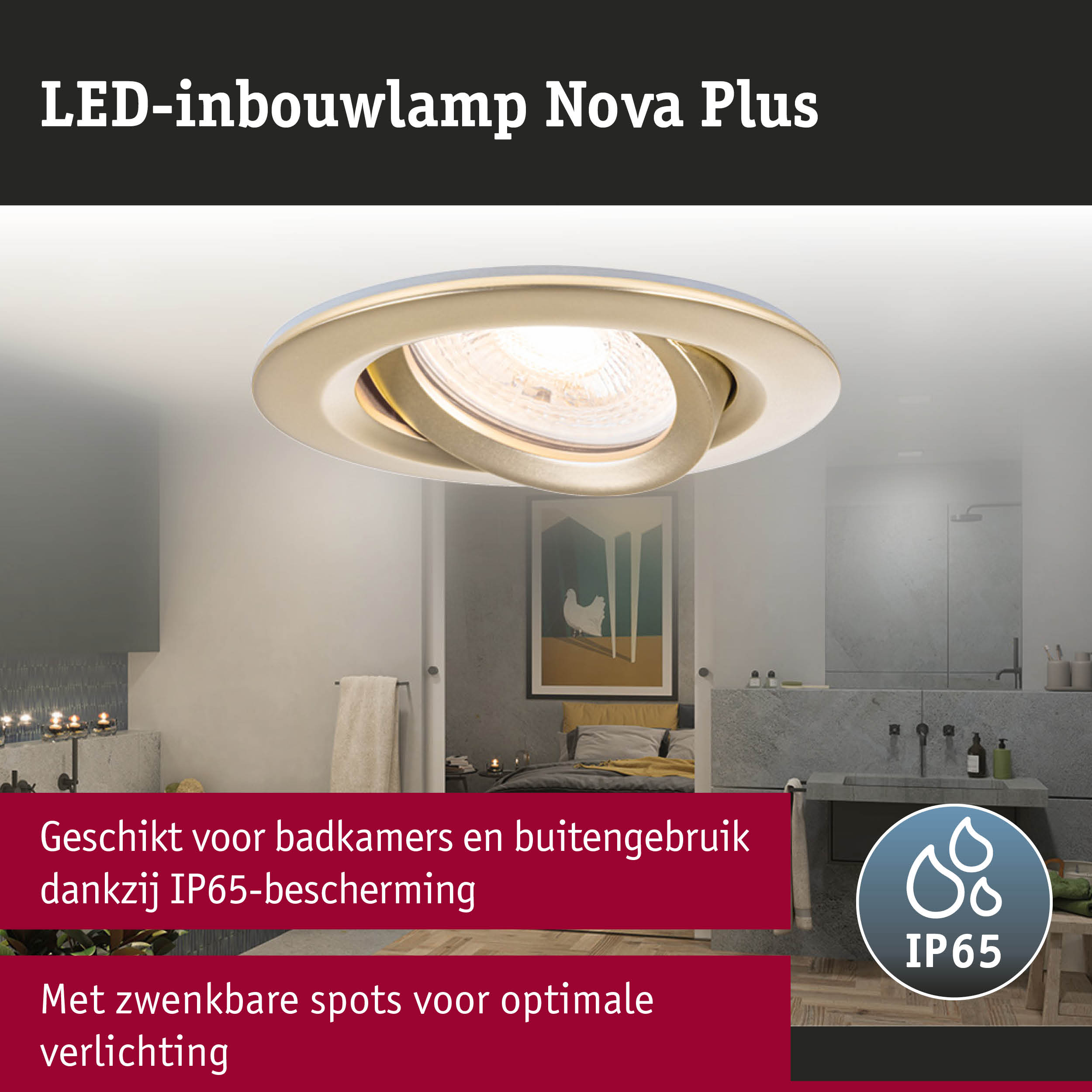 Beige LED-inbouwlamp Nova Plus met IP65-bescherming geschikt voor badkamers en buitengebruik